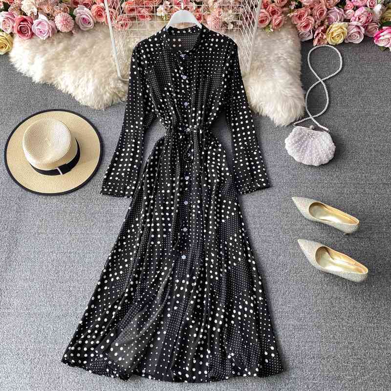 LoveFlowerLife Spring Autumn Vintage Polka Dot Floral Print Skim Dress Stand Collar Full Mid Calf High Waist Women Dresses 210521