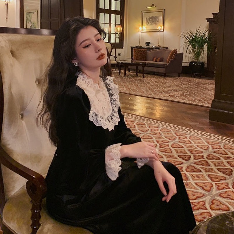 French Black Vintage Dress Women Spring Evening Party Dress Female Casual Retro Elegant Winter Dress Korean Cute 210521