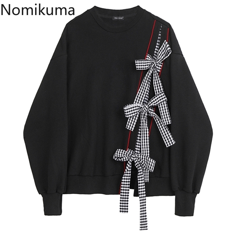 Nomikuma Women Sweatshirt Sweet Bowknot Plaid Patchwork Hoodies Top Autumn New Patchwork Long Sleeve Pullover Jumper 6C947 210427