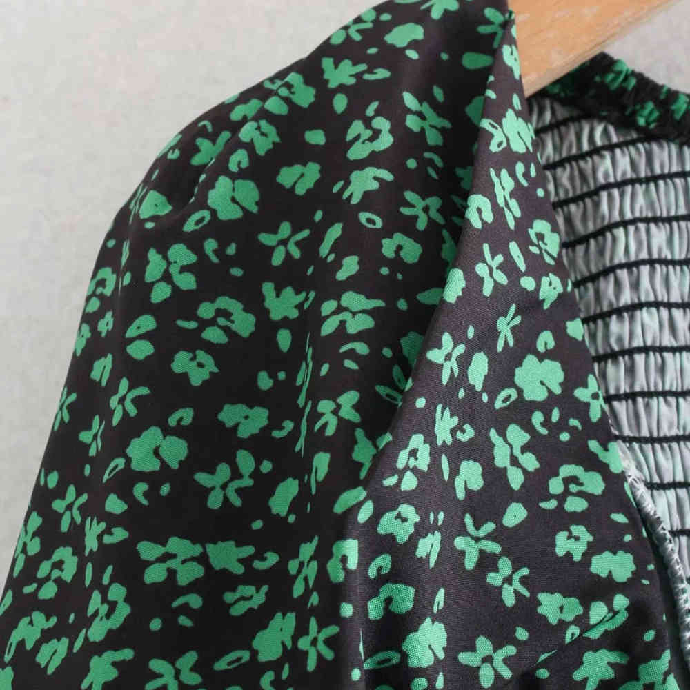 BBWM Women Chic Fashion Green Flowers Print Mini Dress Vintage Heart-Shaped Collar Long Sleeve Female Dresses Vestidos 210520
