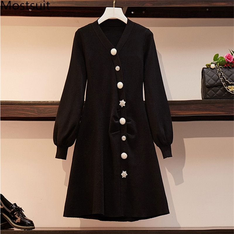 Winter Black Knitted V-neck Pearl Buttons Dress Women Lantern Sleeve Single Breasted A-line Pleated Dresses Vestidos Mujer 210518, Short
Winter Black Knitted V-neck Pearl Buttons Dress Women Lantern Sleeve Single Breasted A-line Pleated Dresses Vestidos Mujer 210518, Short