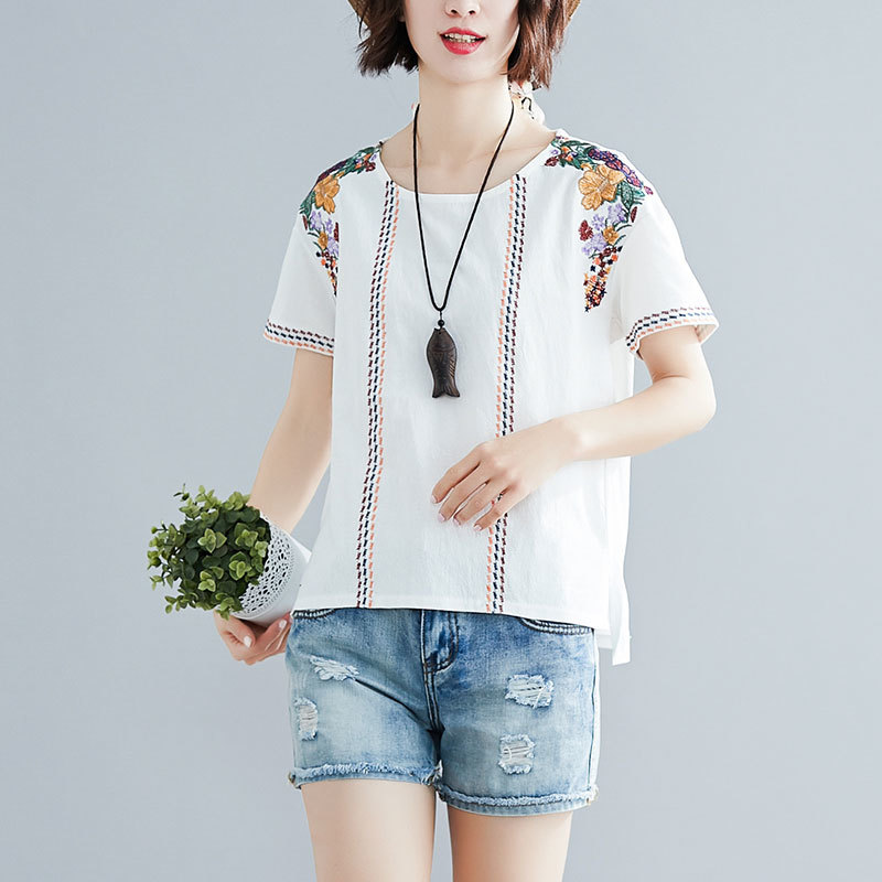 Summer Women T Shirt Plus Size Cotton Linen Flower Embroidery O-neck Loose Vintage Tee Femme Tops 5 colour L8119 210512