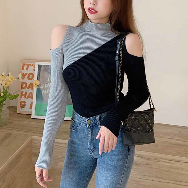 Contrast Off-shoulder Turtleneck Autumn Fashion Chic Knitted Sweaters Long Sleeve Pullover Plus Size Women Bottoming Shirt 12211 210518