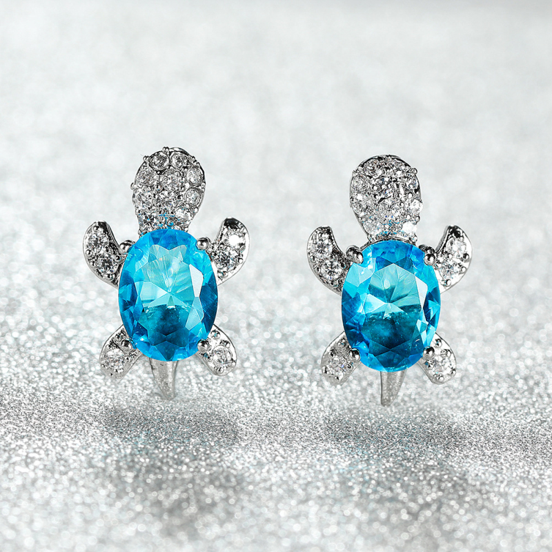 Cute Design White Gold Plated Colorful Gemstone Stud Earring Copper Turtle Earrings for Women Gift