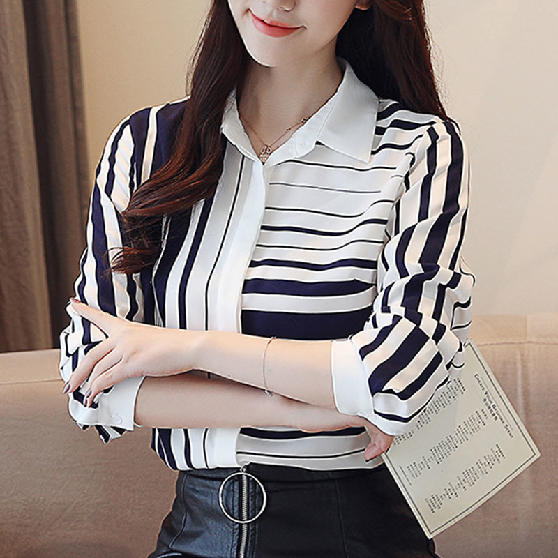 Autumn Korean Long Sleeve Shirts Turn-down Collar Chiffon Blouses Femal Slim Striped Women Tops 6108 210518