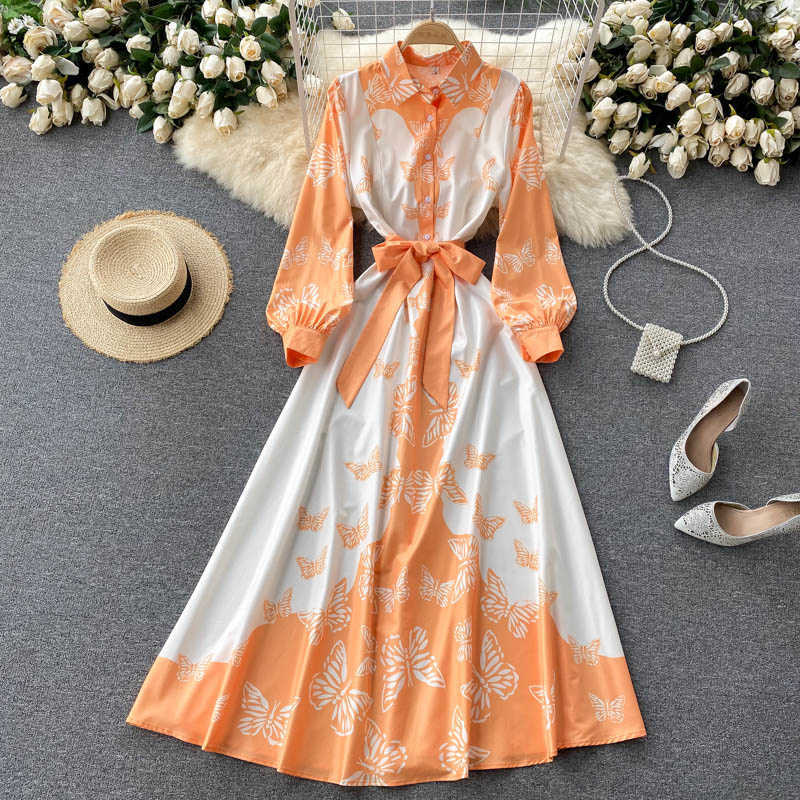 DEAT Women Printing Dress Turn-down Collar Long Sleeve Arrivals Lady Temperament Fashion Spring Autumn 11D2014 210709