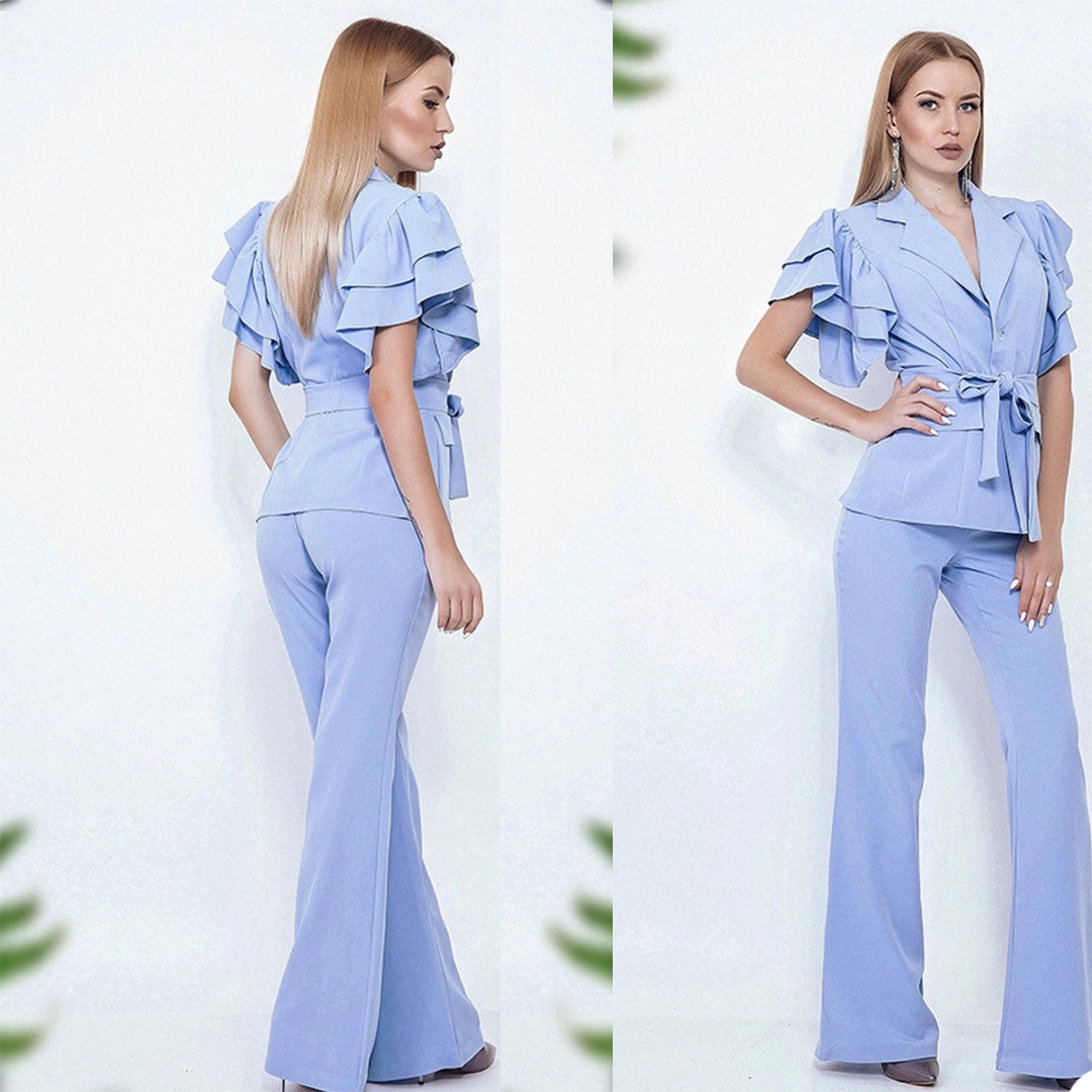 Summer Purple Girls Pants Suits Women 2 Pieces Ruffles Short Sleeve Evening Party Prom Blazer Tuxedos Formal (Jacket+Pants)