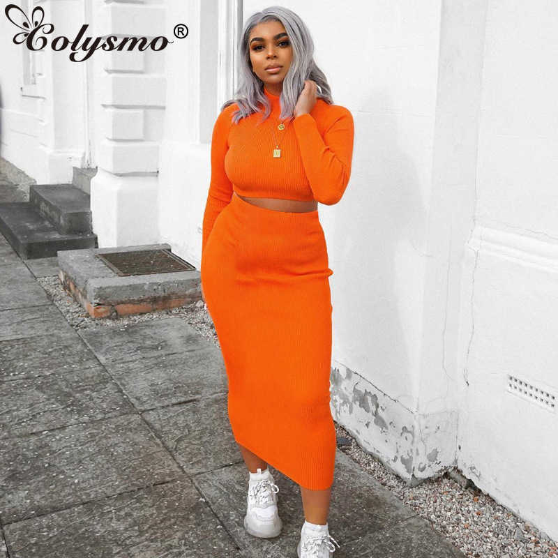 Colysmo Neon Ribbed Knitted Sexy 2 Piece Set Women Turtleneck Long Sleeve Crop Top Midi Skirt Club Outfits Festival Clothing 210527