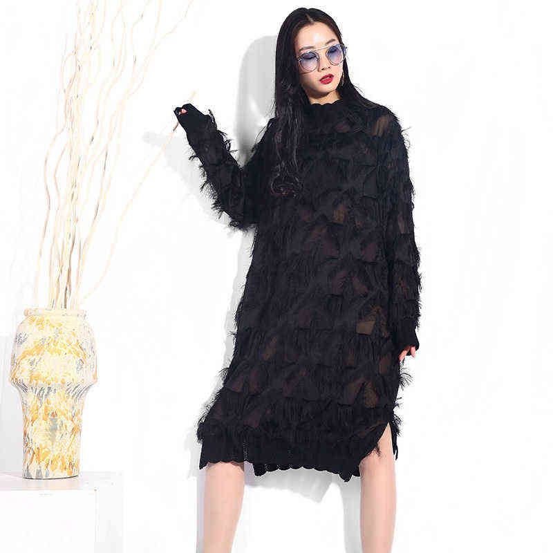 [EAM] 2022 Spring Autumn Stand Collar Long Sleeve Black Perspective Split Joint Big Size Dres Fashion JI78 211221