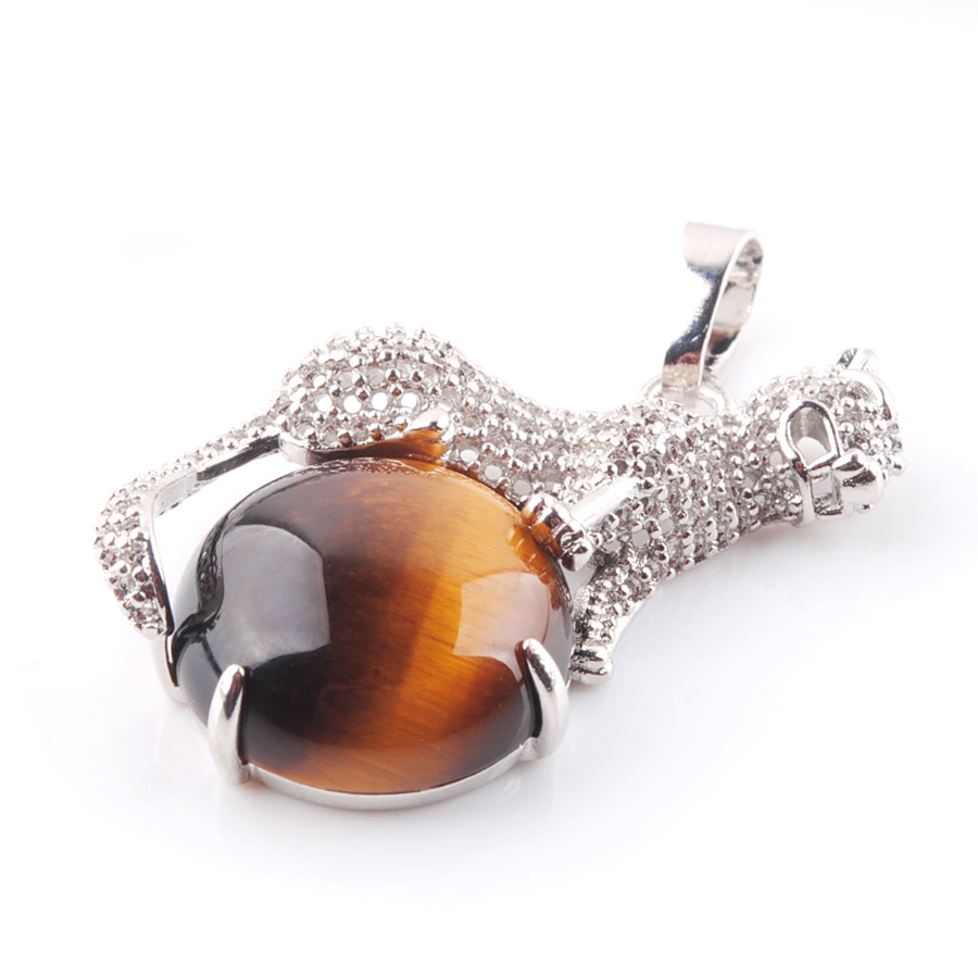 WOJIAER Cute Leopard Pendants for Round Gem Stone Natural Snow Amethyst Tigers Eye Healing Charm Jewelry BN373