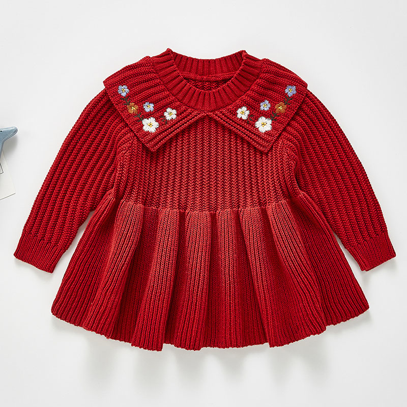 Spring Autumn Kids Dresses For Girls Princess Girl Long Sleeve Knitting Embroider 0-3Yrs 210429