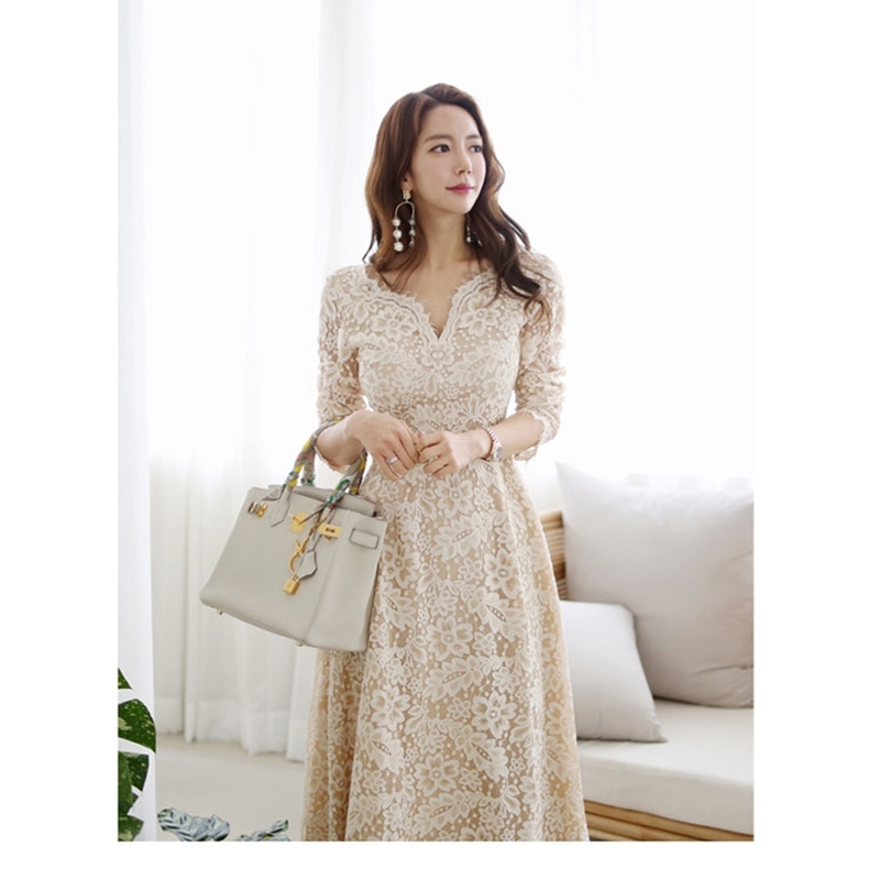 spring Elegant Sexy Hollow Out Lace dress Vintage LongSleeve V-Neck Robe Femme OL Casual slim Woman Party Long Dresses 210519
