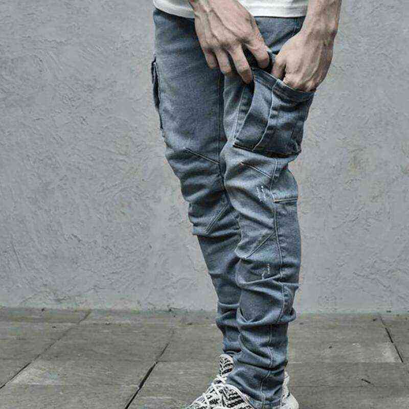 Men Solid Skinny Pockets Denim Cargo Combat Pants Jeans Slim Fit Trouser Bottoms Fashion Men's Casual Outwear Jeans 211120