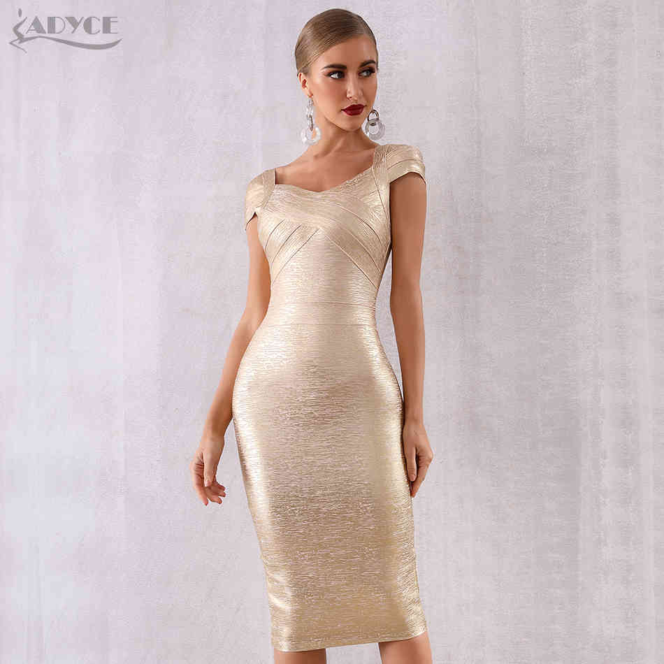 ADYCE New Summer Gold Bandage Dress Women Vestido Sexy Short Sleeve Bodycon Club Dress Midi Celebrity Evening Party Dresses 210329