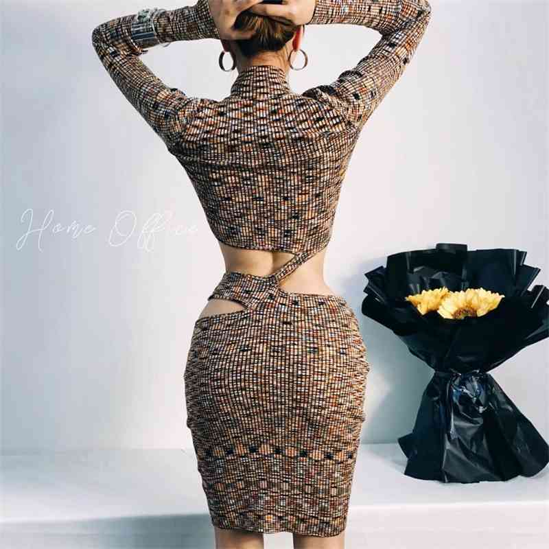 Vintage Hollow Out Hole Waist Bodycon Mid-calf Sexy Dress Retro Women Turtleneck Stretch Split Knitting Long Sleeve Dresses 210429