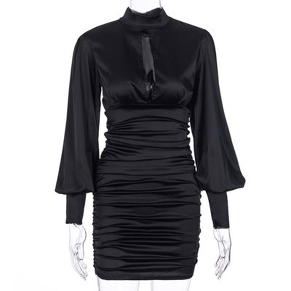 Free Sexy Satin Bodycon Mini Dress Women Stand Collar Lantern Sleeve Hollow Draped Club Party Vestidos 210524