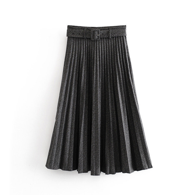 Women Pleated Skirt With Belt High Waist Elegant Vintage A-line Midi Skirts Female 210508