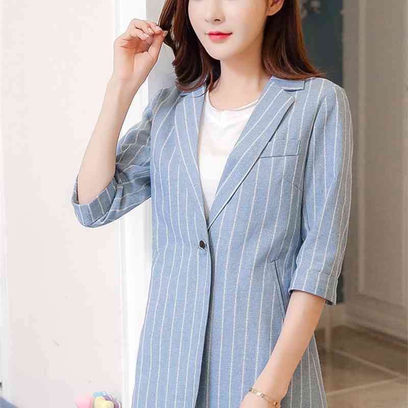 Vintage Summer Women 2 Piece Sets Shorts Suit Blue Striped Notched Blazer Jacket & Office Wear Suits Female 210518