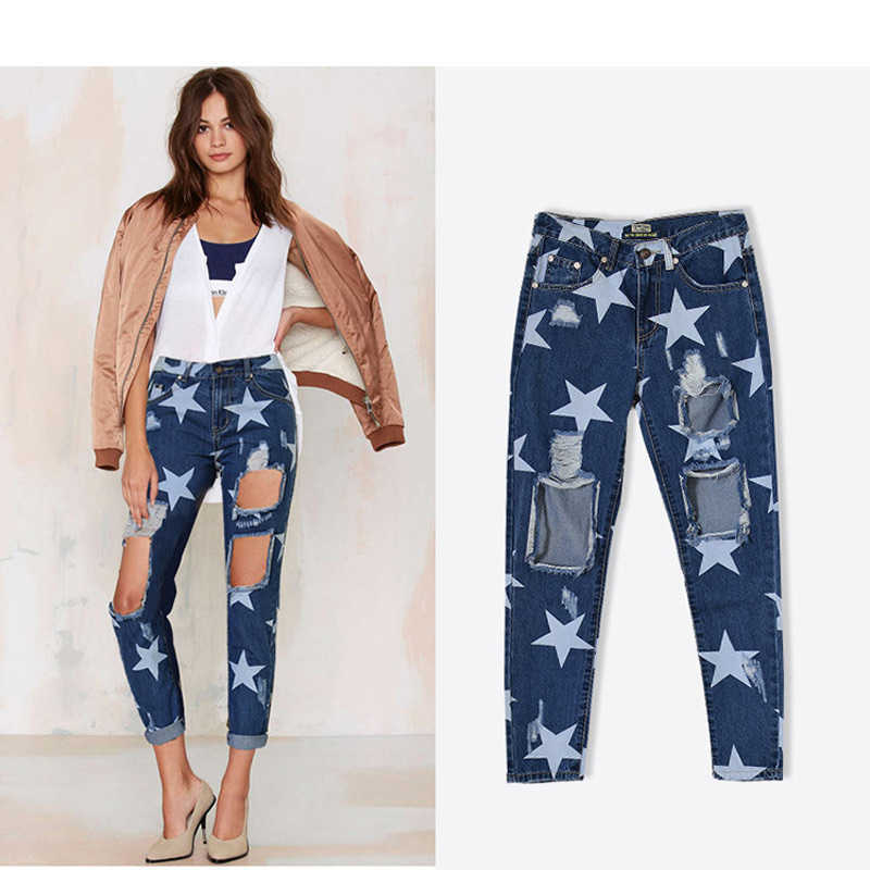Summer Boyfriend Jeans Woman Big Hole for Women With Fivepointed Star Ripped Light Blue Denim Pants 210922