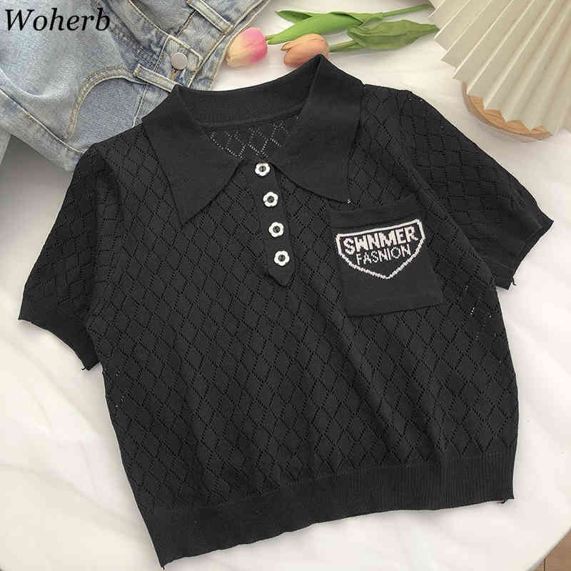 Summer Solid Women Pullover Sweater Short Sleeve Letter Print Hollow Basic Knitwear Casual Fashion Vintage Ladies Jumper 210519