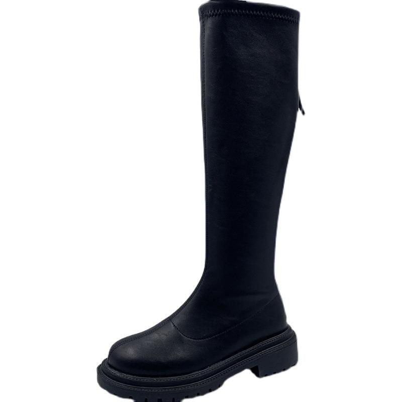 Boots Women Thigh High 2021 Winter Slim Flat Thick Sole Platform Female Black Knee-High Motorcycle Women's Shoes