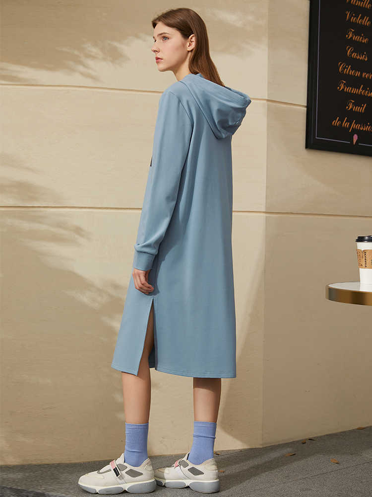 Minimalism Spring Autumn Vintage Women's Dress Causal Hooded Printed Loose Calf-length Hoodies For Women 1267 210527