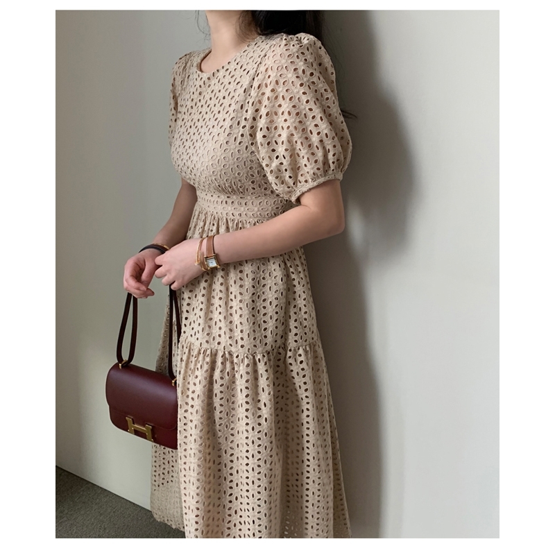 Sexy Office Chic Summer Dress Women O Neck Embroidery Hollow Out High Waist Long Vestidos Female Fashion Clothes 210520