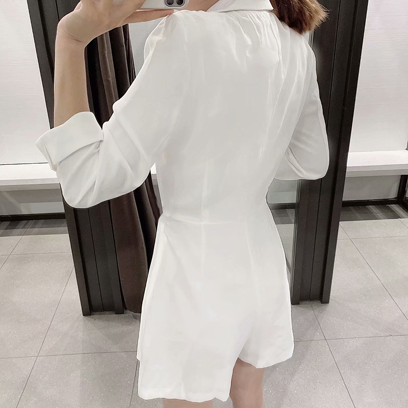BlazerStyle Playsuit Women Office Wear Long Sleeve White Bodysuit Notched Collar Solid Elegant Short Jumpsuit With Belt 210515