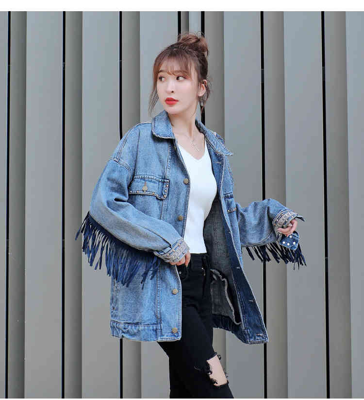 Denim women jacket spring vintage floral Embroidery Suede fringe loose coat long sleeve Outerwear female boho 210519