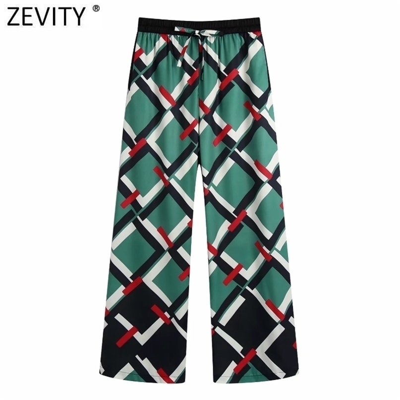Zevity Women Vintage Contrast Color Geometric Print Wide Leg Pants Female Chic Elastic Waist Bow Long Trousers Mujer P1228 211115