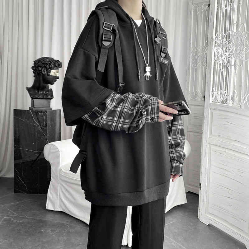 Deeptown Vintage Hoodie Women Streetwear Oversized Sweatshirt Punk Long Sleeve Pullovers Korean 2021 Grunge Plaid Splice Hoody 220210