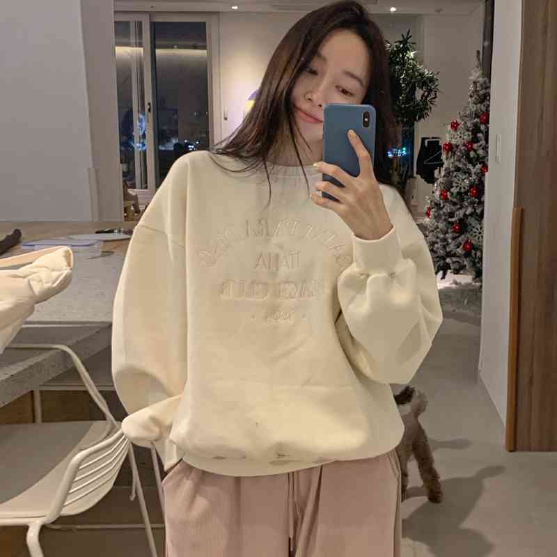 Nomikuma Korean Letters Embroidery Pullover Sweatshirt Causal Long Sleeve O-neck Hoodies New Fleece Women Jumper 6D820 210427
