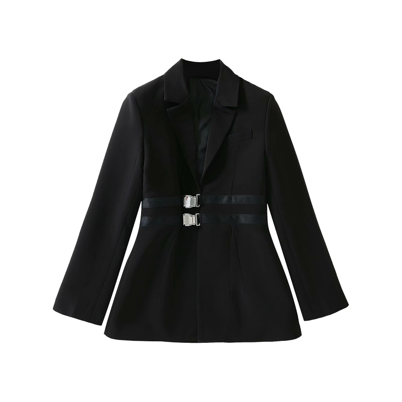 WOMENGAGA Winter School Bag Buckle High Waist Belt Show Slim Long Suit Coat Blazers Sexy Womens Tops NH1F 210603