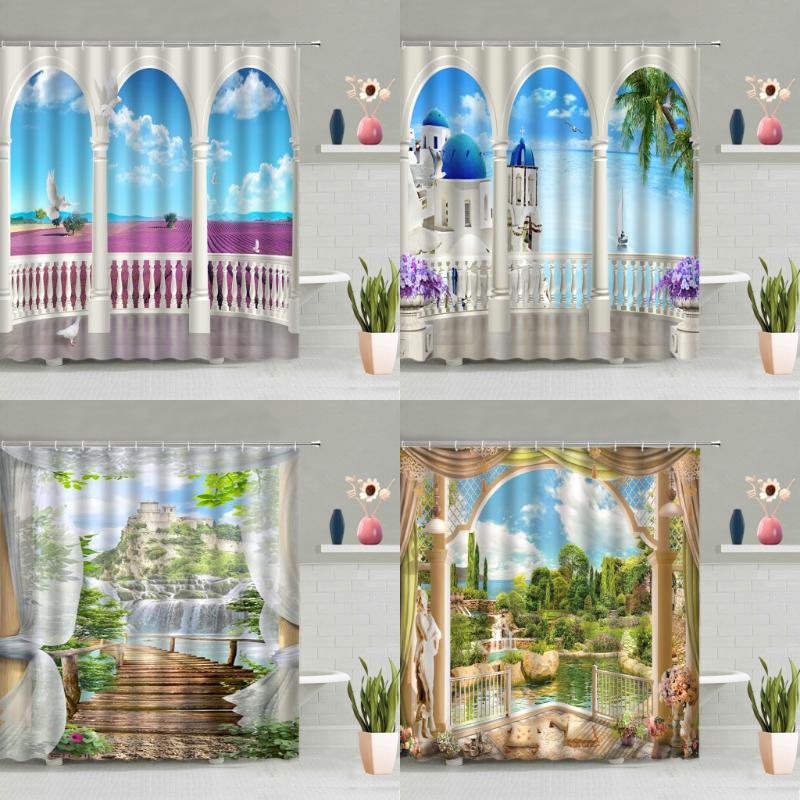 

Shower Curtains European Style Scenery Curtain Ocean Waterfall Forest Flower Green Leaves Plant Natural Landscape Bathtub Screen Washable