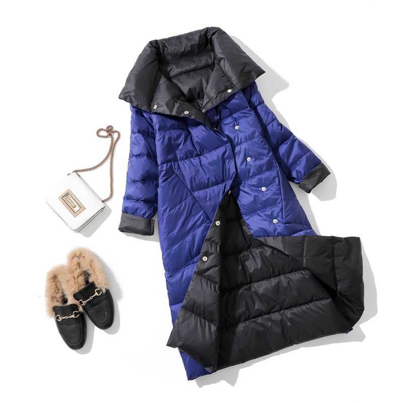 Fitaylor Winter Women Turtleneck White Duck Down Coat Double Breasted Warm Parkas Sided Long Jacket 211013