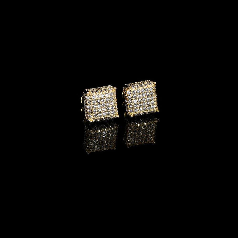 Hip Hop Square Stud Earring Bling 18K Real Gold Plated Prevent Allergy Earrings for Men Women Gift