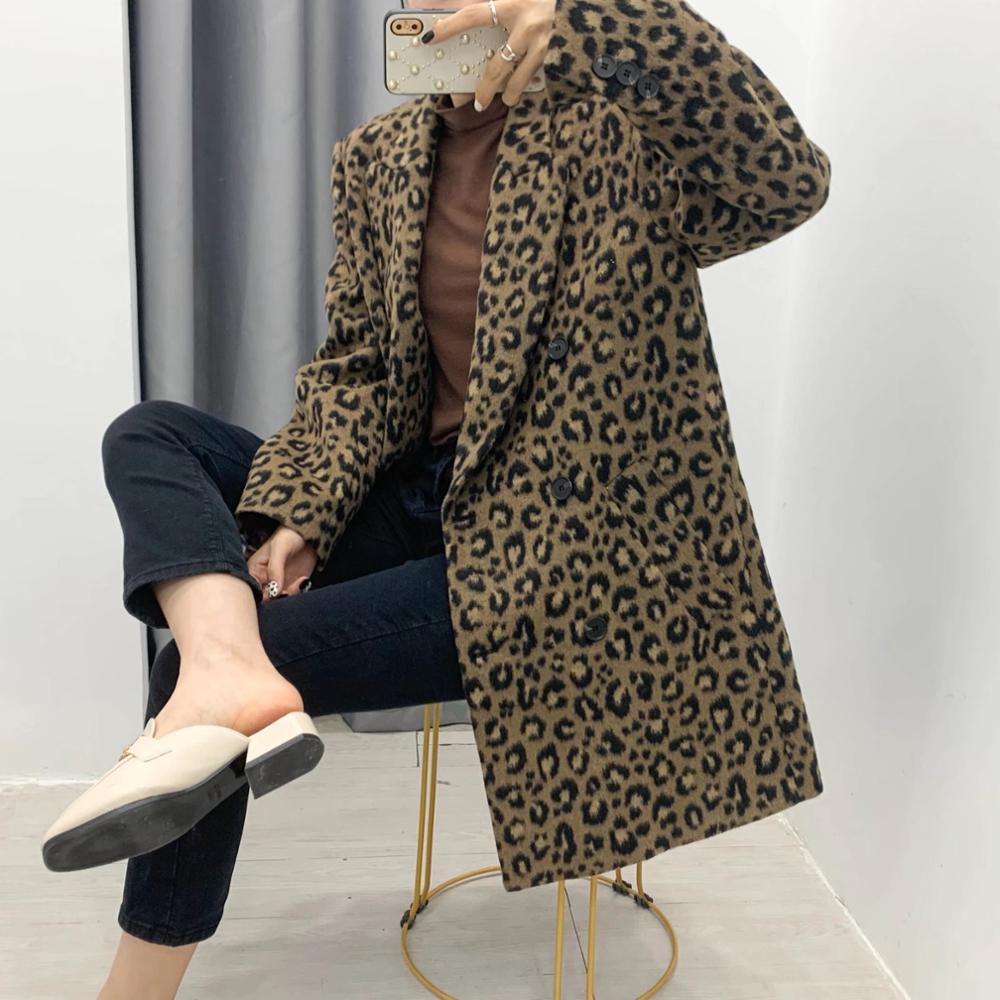 Winter Free style Leopard Pattern Woolen Blends Coat Notched Collar Long Sleeve Mid Blazer Office Lady Outerwear 210429