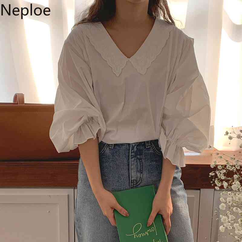 Neploe Women Blouses Spring Embroidery Lace Peter Pan Collar Patchwork Shirts Korean Elegant Blusas Temperament White Loose Tops 210422
