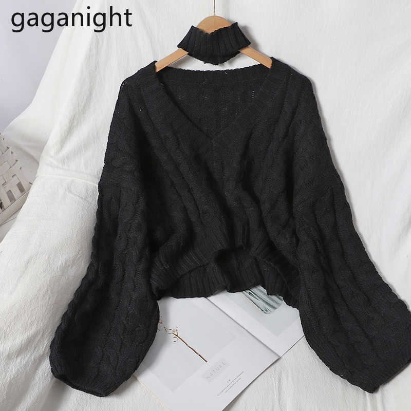 Sexy Women Solid Sweater Autumn Winter Pullover Cropped Pull Femme Korean Outwear Sweaters with Removable Halterneck 210601