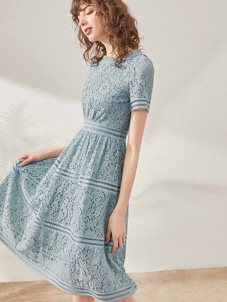 lace elegant blue office lady spring summer fashion midi dresses for women casual daily wear de ropa mujer chic 210421