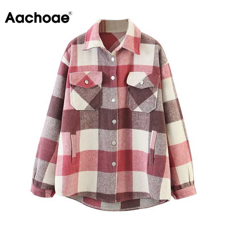 Aachoae Loose Casual Wool Plaid Jacket Women Turn Down Collar Fashion Coat With Pockets Autumn Long Sleeve Ladies Jackets Coats 210722