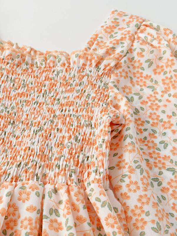 Girls Allover Floral Print Shirred Flounce Sleeve Ruffle Hem Dress SHE