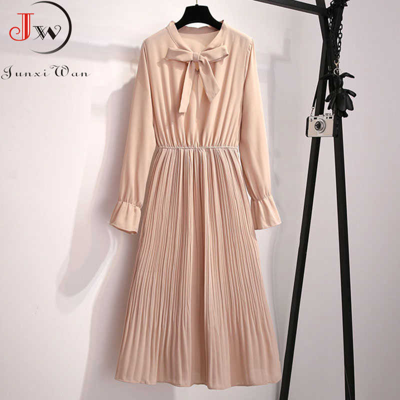 Casual Women Dress Chiffon Elegant Vintage Bow Collar Long Sleeve Autumn Winter Midi Shirt Dresses Solid Slim Clothes Robe 210630