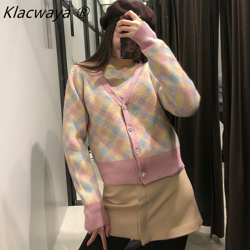 Woman Sweaters Cardigan Pull Femme Chandails Ropa Mujer Kobieta Vetement Long Sleeve Argyle Knitted Rainbow Cute Vrouw Truien 210521