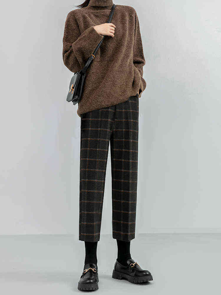 Seoulish Autumn Winter Woolen Plaid Women Formal Straight Pants High Waist Ankle-Length Chic Loose Ladies Pocket 211115