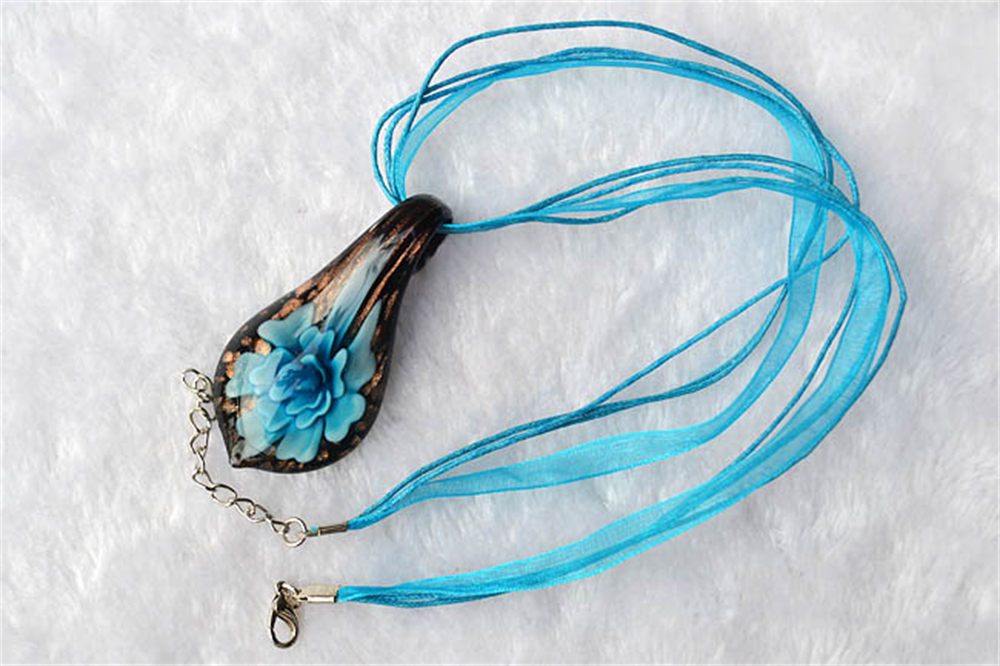 Charm Waterdrop Shape Art Murano Lampwork Glass Pendant Necklace Flowers Inside for Women Girls Summer Jewelry