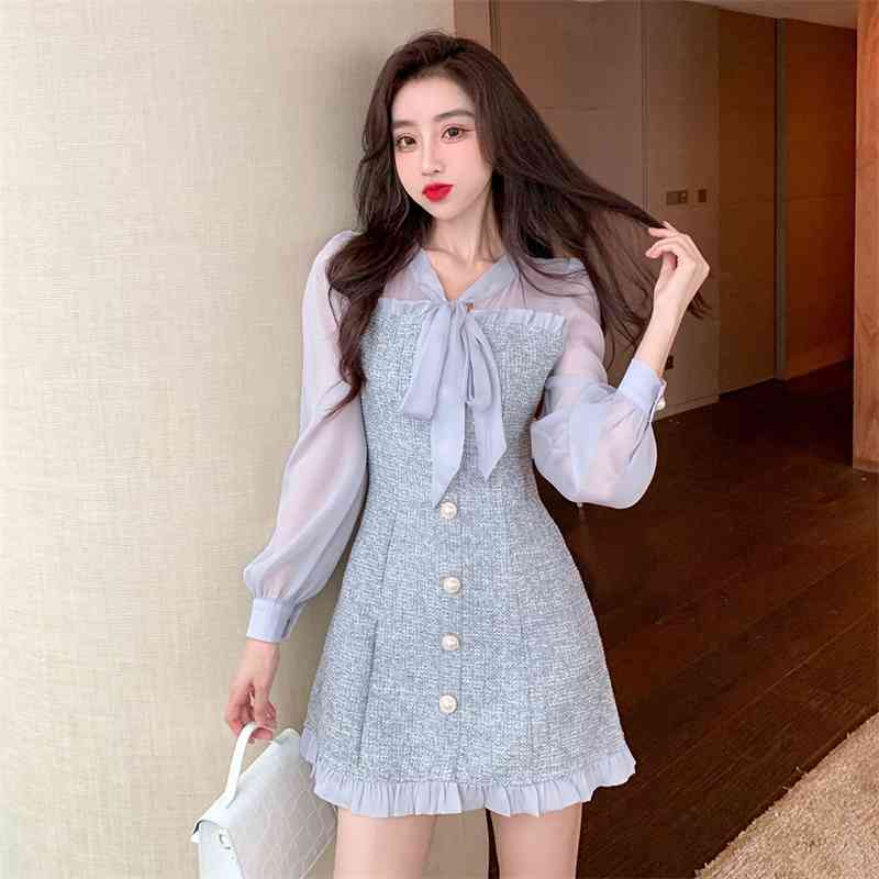 Spring Women's Chiffon Patchwork Ruffle Tweed Woolen Dress Ladies Bow Collar Single-Breasted Long Sleeve Party 210520