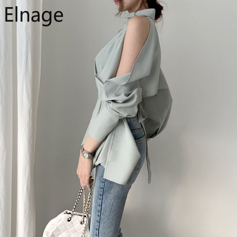 Korean Style Open Back Solid Long Sleeve Blouse OL Shirts Irregular Sexy Off Shoulder Lace Up Slim Vintage Blusas Mujer 5B205 210429