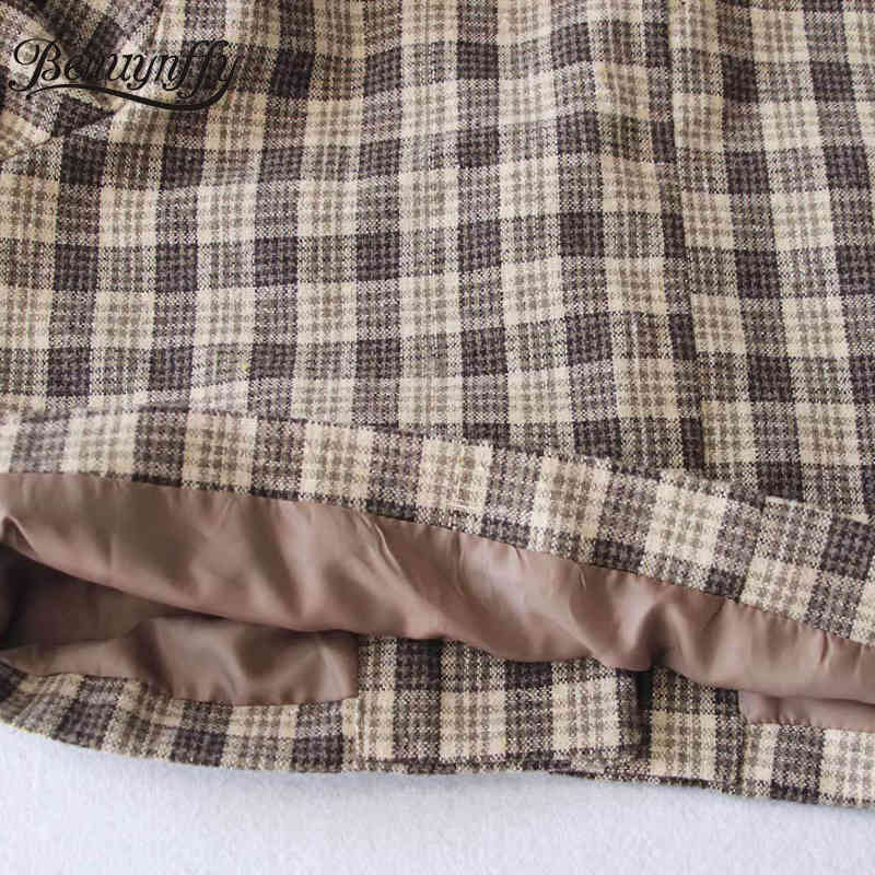 Notched Collar Single Button Plaid Tweed Blazer Women Autumn Long Sleeve Casual Office Woman Short Suit Coat 210510