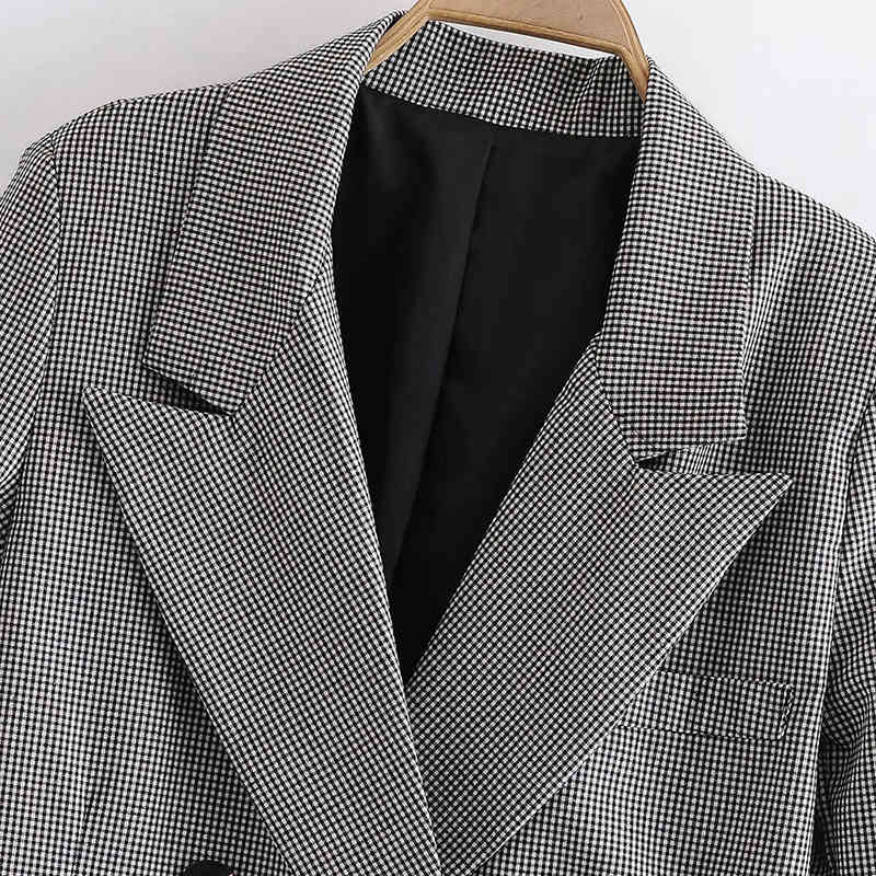 Women Elegant Plaid Blazer Long Sleeve Double Breasted Slim Check Coat Office Work Lattice Suit Jacket Outerwear 210520